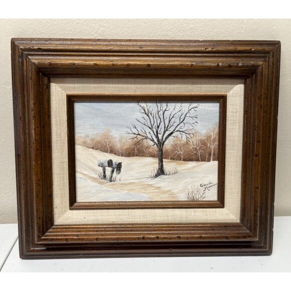 Canvas Oil Painting Snowy Landscape Trees Rural Mailbox Signed 5x7 Framed 10x12 - Picture 1 of 8